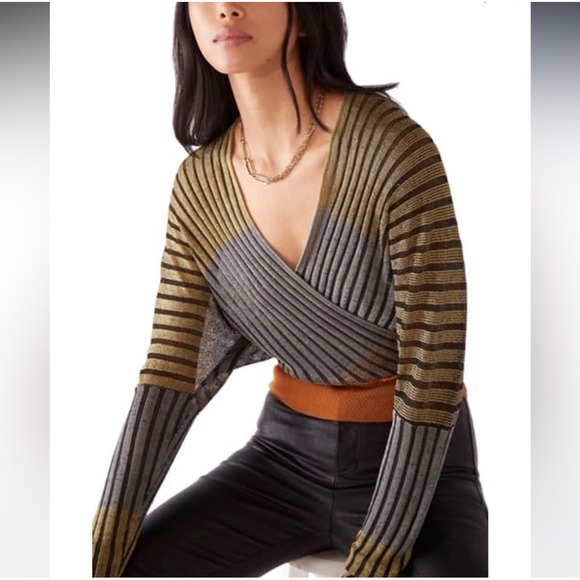 Free People Tops - Free People Striped Ribbed Wrap Top in Olive, Gray and Rust